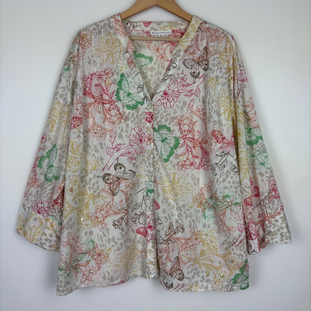 JM Collection Womens  Blouse SZ 24W Butterfly‎ FLoral Fairy Cottagecore Boho